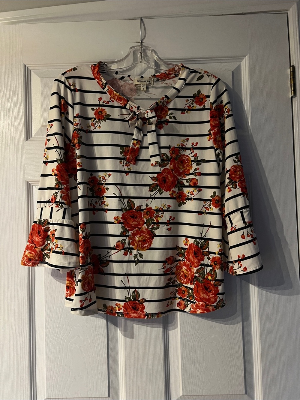 Faith and Joy White Striped Blouse with Red Floral Print and Tie Neck